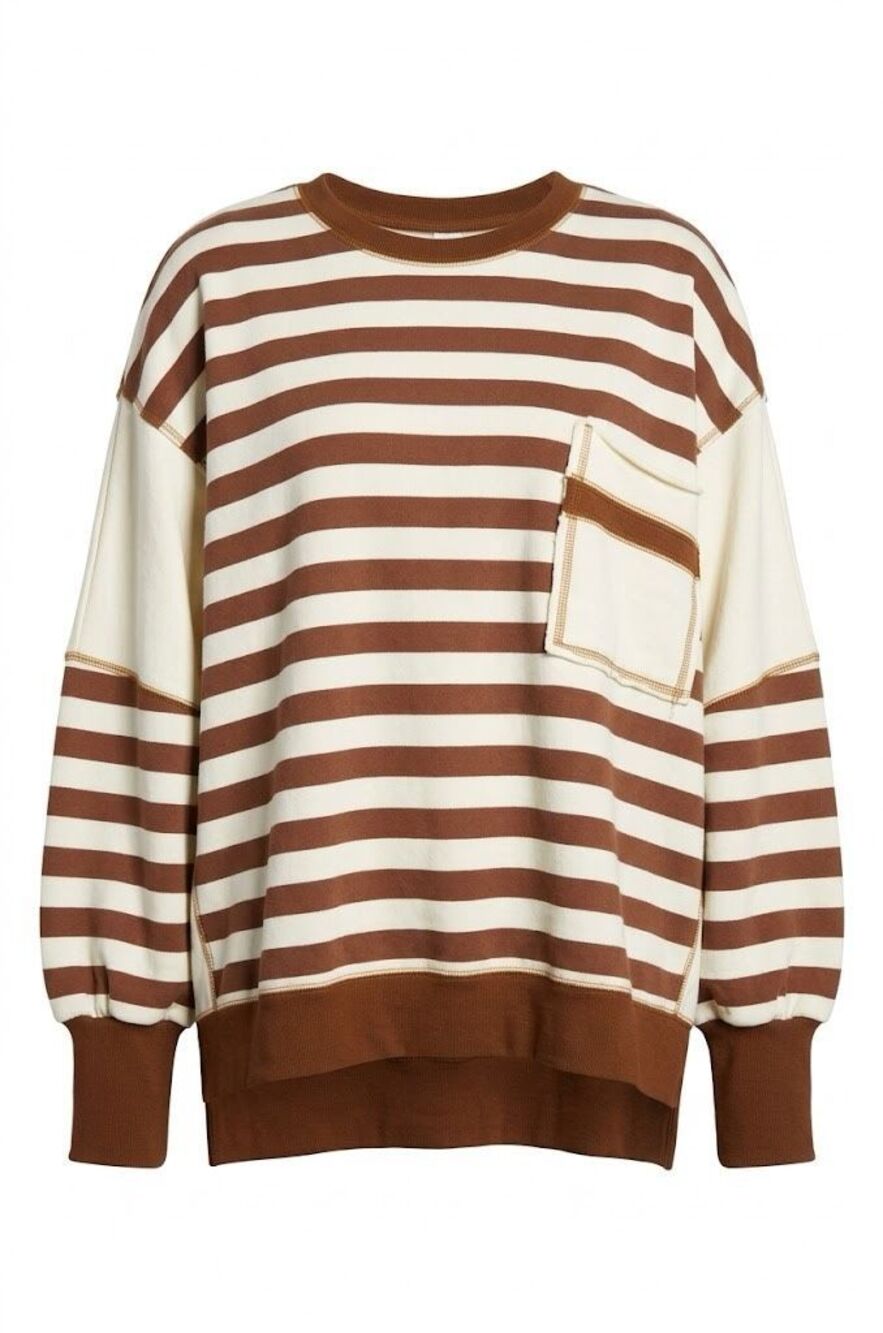#2051. Peach Love CA Brown/Ivory Oversized Regency Stripe Monochrome Sweatshirt
